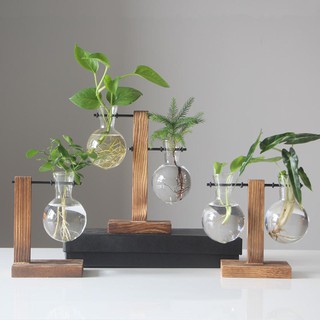 Macrorun Vintage Desktop Bulb Glass Vase Bonsai Flowers Plant Rack with Wooden Stand and Metal for #9