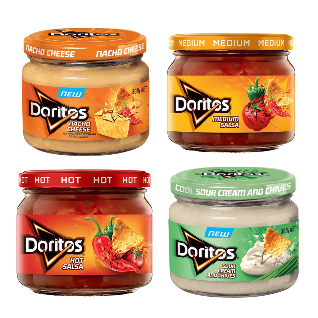 Doritos Australia Dip (Nacho Cheese, Medium Salsa, Hot Salsa, Sour