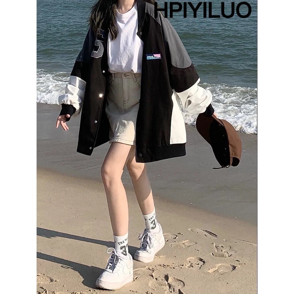 HPIYILUO Harajuku stitch baseball jacket couple oversized HPIYILUO Harajuku stitch baseball jacket couple oversized