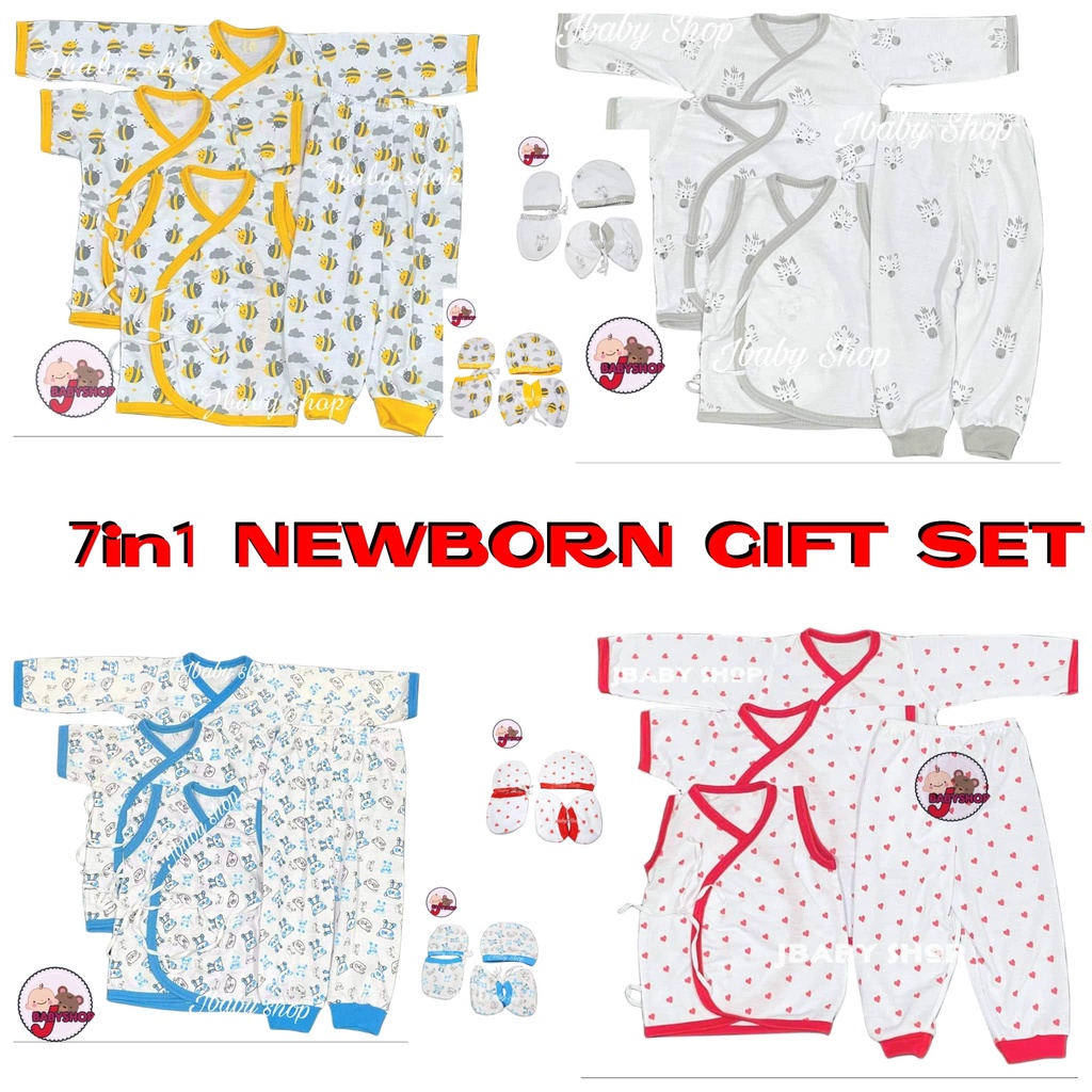 7PCs PRINTED UNISEX J BABY SET || NEWBORN BARUAN TIESIDE PAJAMA || #9