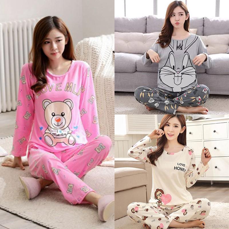 Moonbadi Cod Pajamas Set Women Lovely Sweet Cute Cartoon Print Long Sleeved Top Long Pants Shopee Philippines