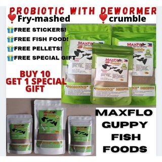 【Hot Stock】Maxflo probiotics guppy fish foods with freebies dewormer frymashed and crumble