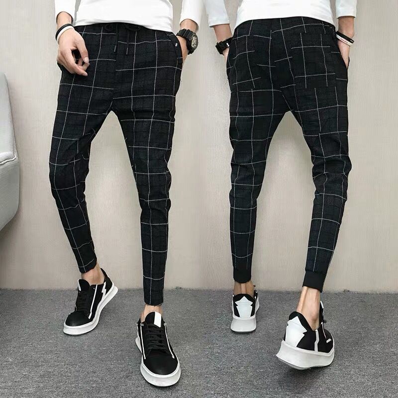 Korean Fashion Checkered Slim Fit Casual Pants Men Ankle Length Plaid ...
