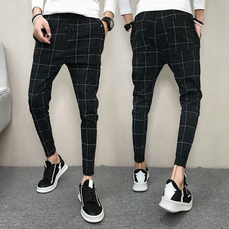 plaid slim pants mens