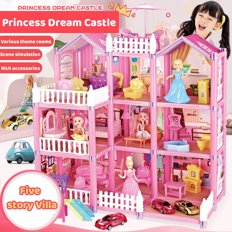 BPrincess Big Villa DIY Dollhouses Kit Pink Castle House Kit Assembled