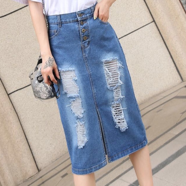 Maong skirt high waist straight hole broken fork long bag hip skirt#631 ...