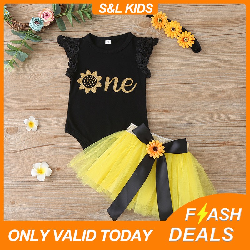 Headband Outfit Floral Dress 3PCS Toddler Baby Girls Clothes Ruffle Short Sleeve Top Sunflower Skirt 