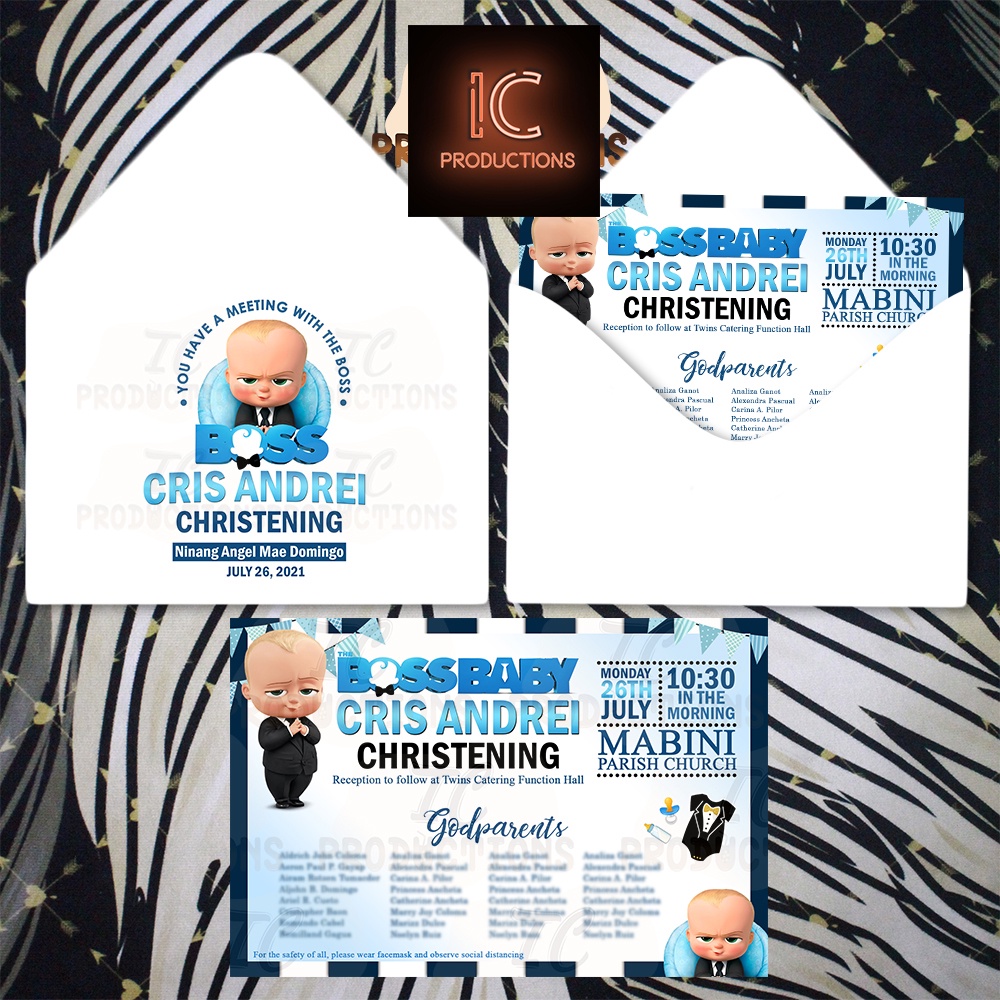 Boss Baby Invitation with Printed Envelope for Baptismal Dedication