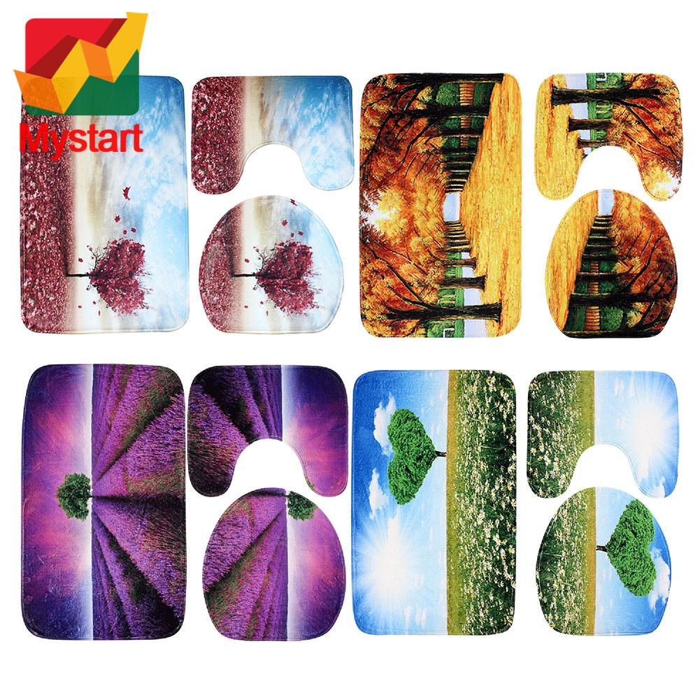 3pcs Nature View Bathroom Mat Set Anti Slip Washable Toilet Cover Floor Bath Mats Bathroom Rugs