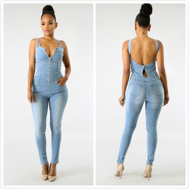 denim jumpsuit with front zipper