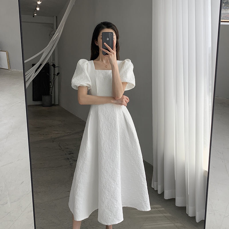 Summer elegant dresses white dress for women plain Square Neck Waist