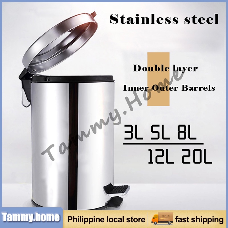 Stainless steel pedal trash can with lid and plastic bucket trash can