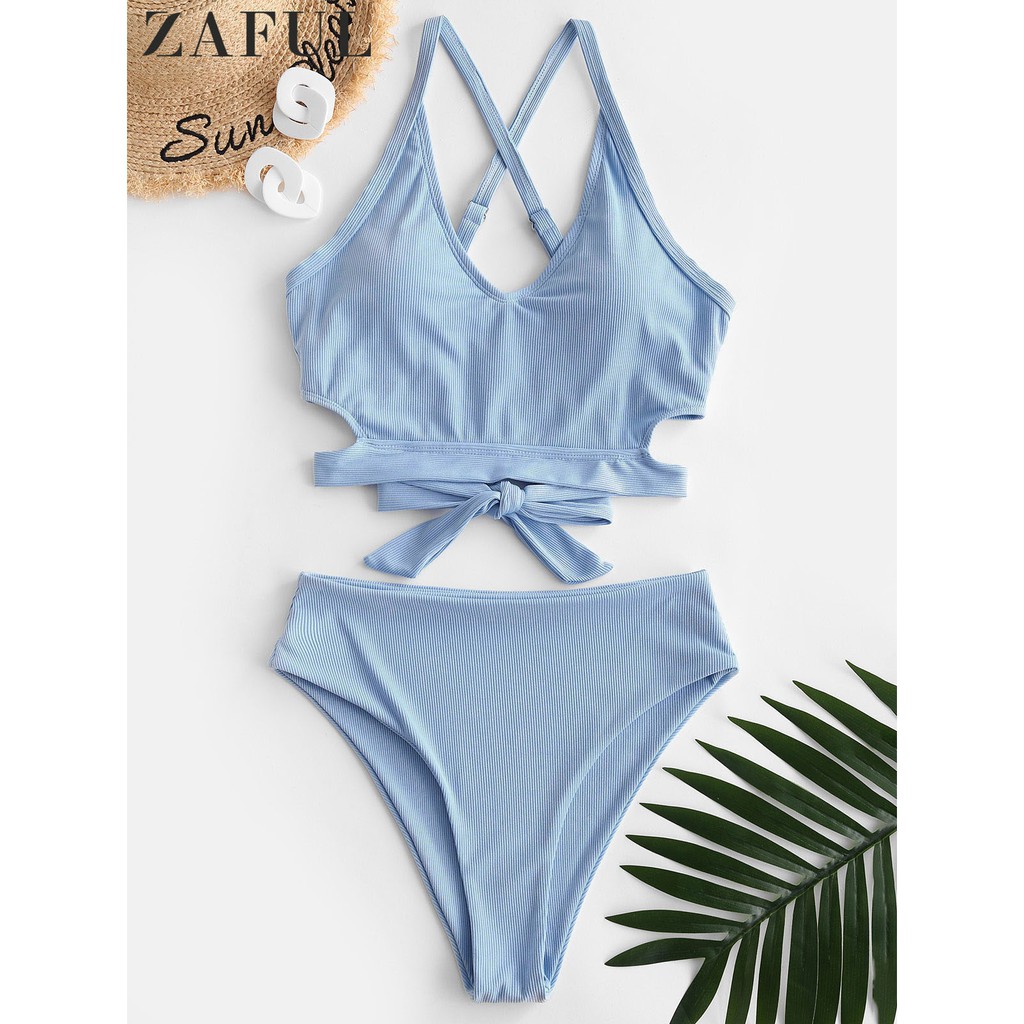 ribbed high cut surplice tankini swimsuit