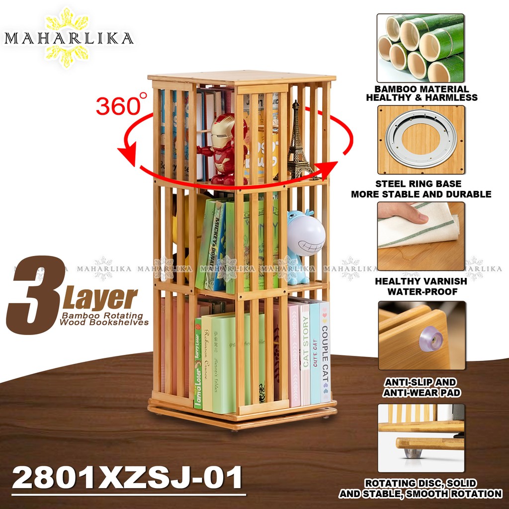 Maharlika QYSR2801 3 Layer Bamboo Bookshelf 360 degrees rotating