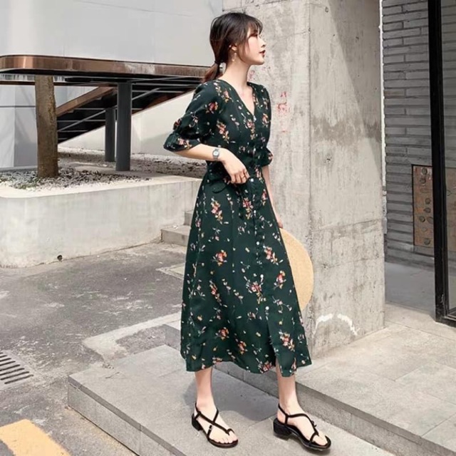 green floral button down dress