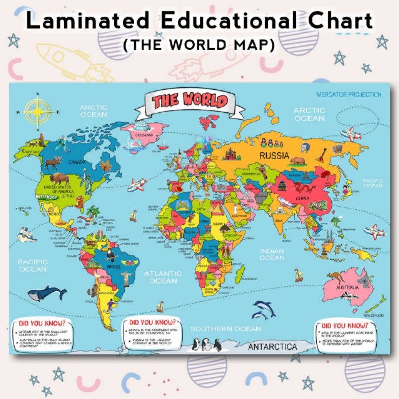 Laminated World Map Chart | A4 Size Educational Wall Chart, Learning ...