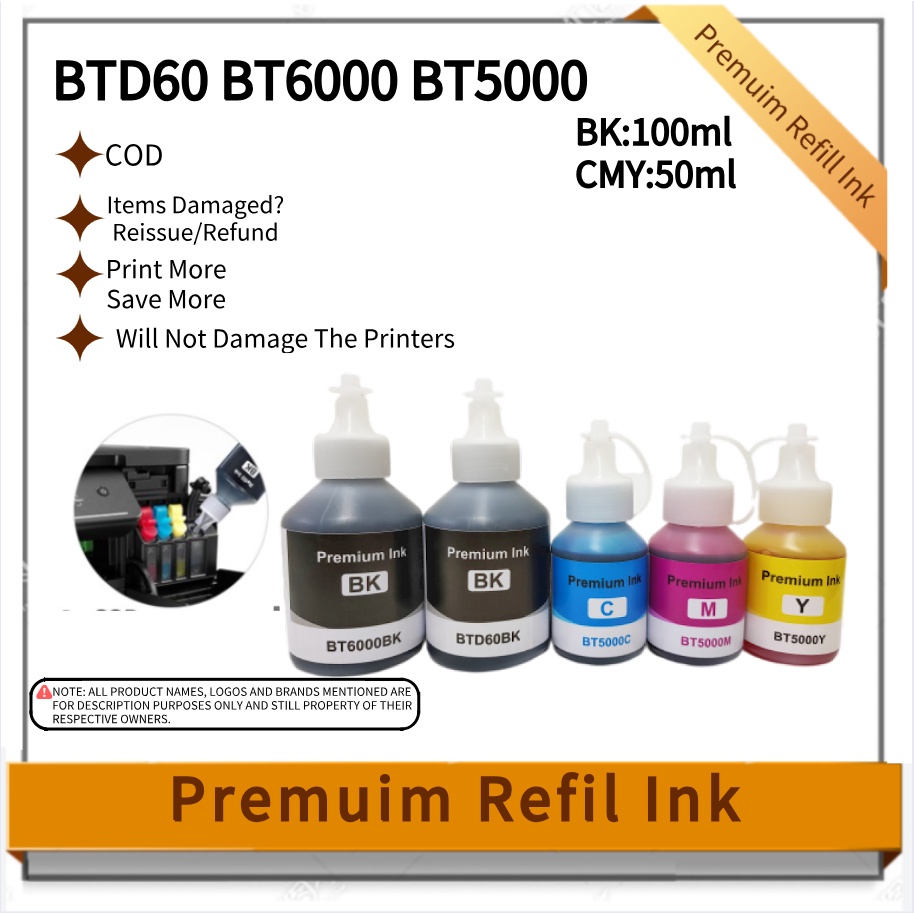 Premuim Refill Ink BT5000 BTD60 BT6000 Compatible for Brother DcpT300