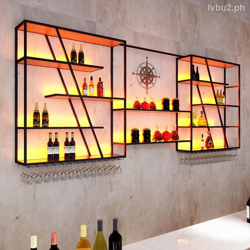 Creative bar counter wall mounted wine cooler wrought iron rack glass ...