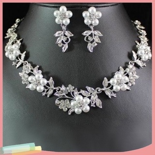 [LK] Pearl Necklace Eardrop Women\'s Floral Faux Pearl Silver Plated NNecklace Earrings Bridal Jewelry Set