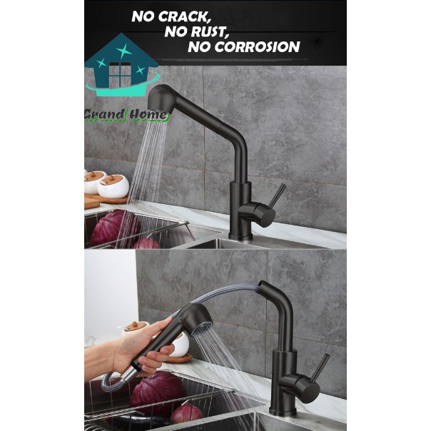 Grand Home black SUS304 stainless steel basin faucet cold and hot pull ...