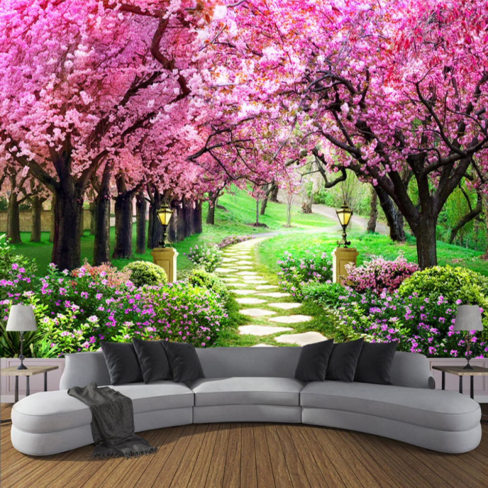 3D Wallpaper Flower Romantic Cherry Blossom Tree Small Road Wall Mural  Wallpapers For Living Room | Shopee Philippines