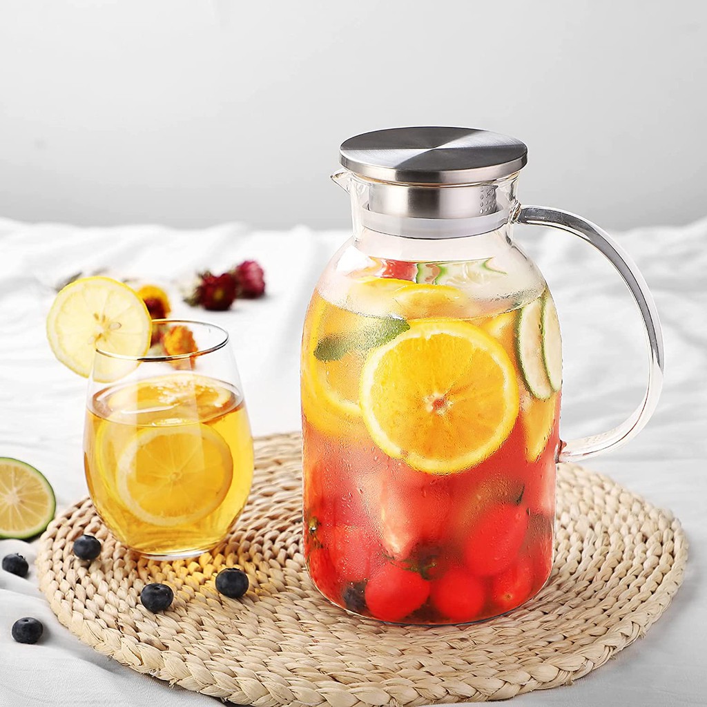 1.8L Heat Resistant Glass Pitcher with Stainless Steel Lid, Jug Besar ...