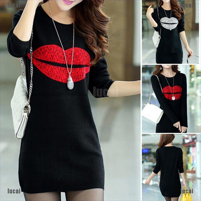 black dress with red lips print