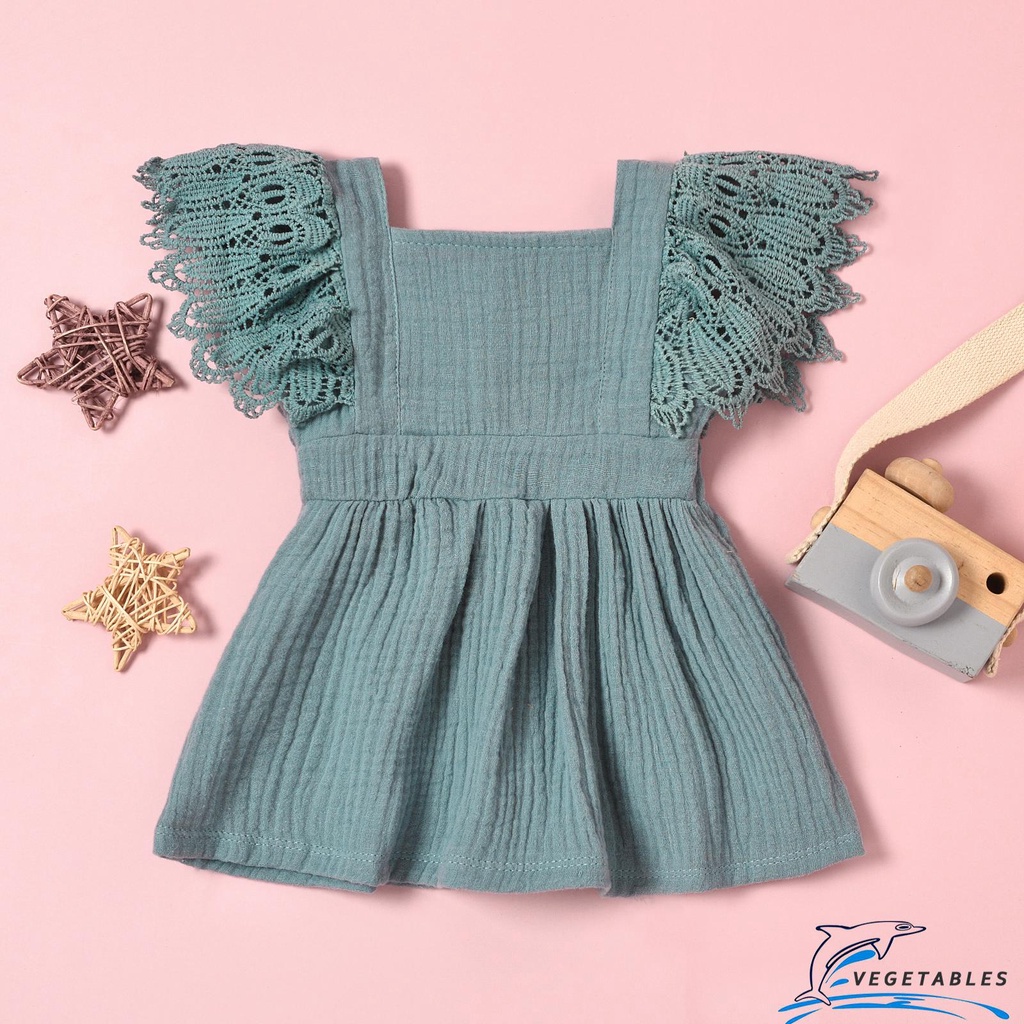 ZHY-Baby Girls Casual Dress, Solid Color Short Fly Sleeves Square Neck One-piece, Tangerine Yellow/ Grey Blue/ Pink/ Apricot