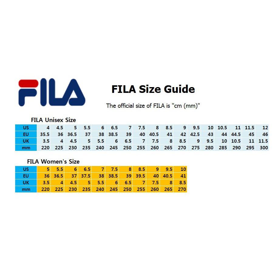 fila footwear size chart