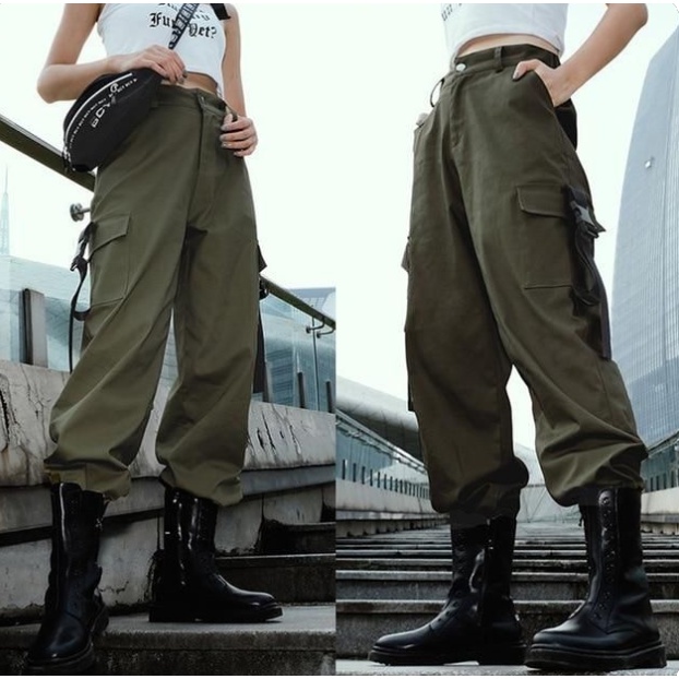 (25-30) Ladies Korean Cargo Pants Jogger Pants w/ BUCKLE CARGO Side ...