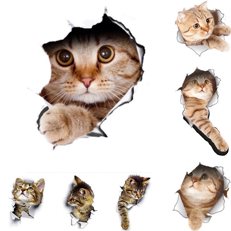 Cute Cats Pattern 3D Wall Stickers / 3D Kitten Cat Bathroom Toilet ...