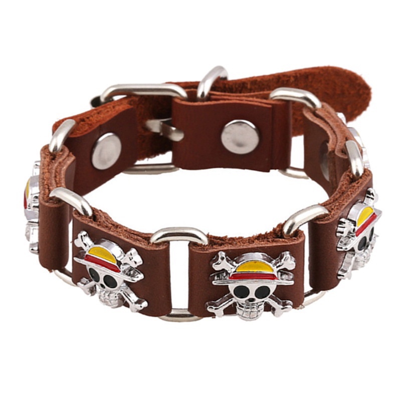 Fancyqube Japan Anime One Piece Luffy Pirate Logo Leather Bracelet Cosplay Punk Rock Sign Metal Men Bangle Goth Jewelry Bracelets Gifts