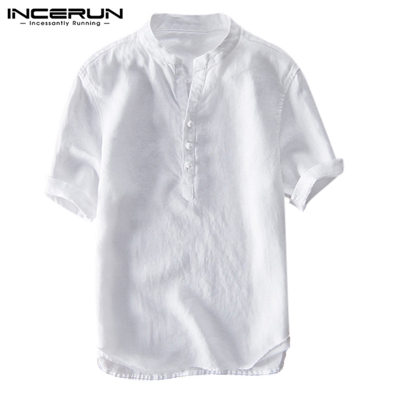 INCERUN Men Solid V Neck Cotton Linen Shirt | Shopee Philippines