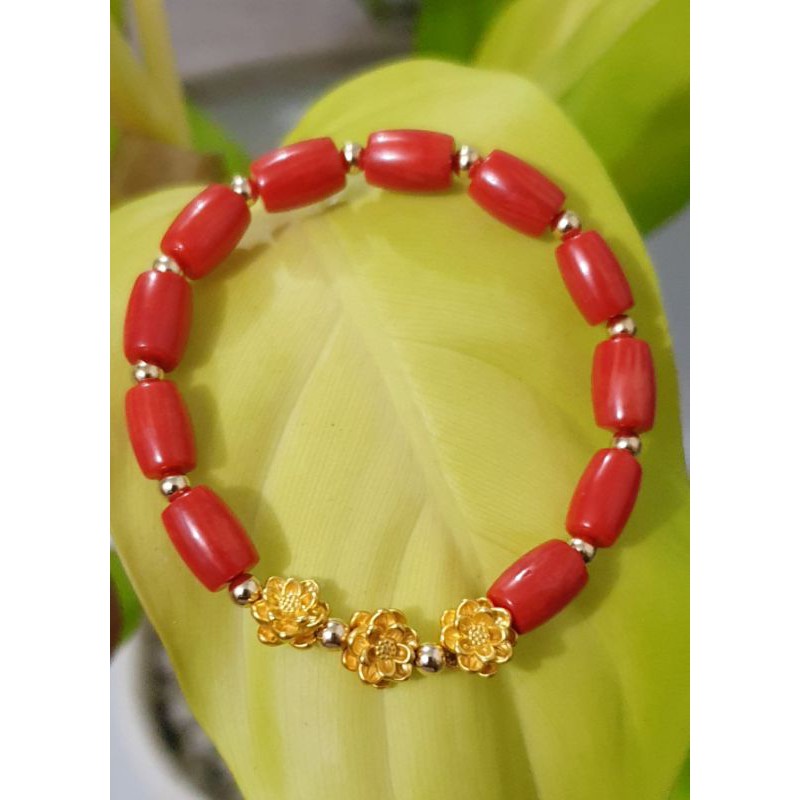 24k genuine gold Lotus flower in Taiwan Red Coral stone bracelet ...