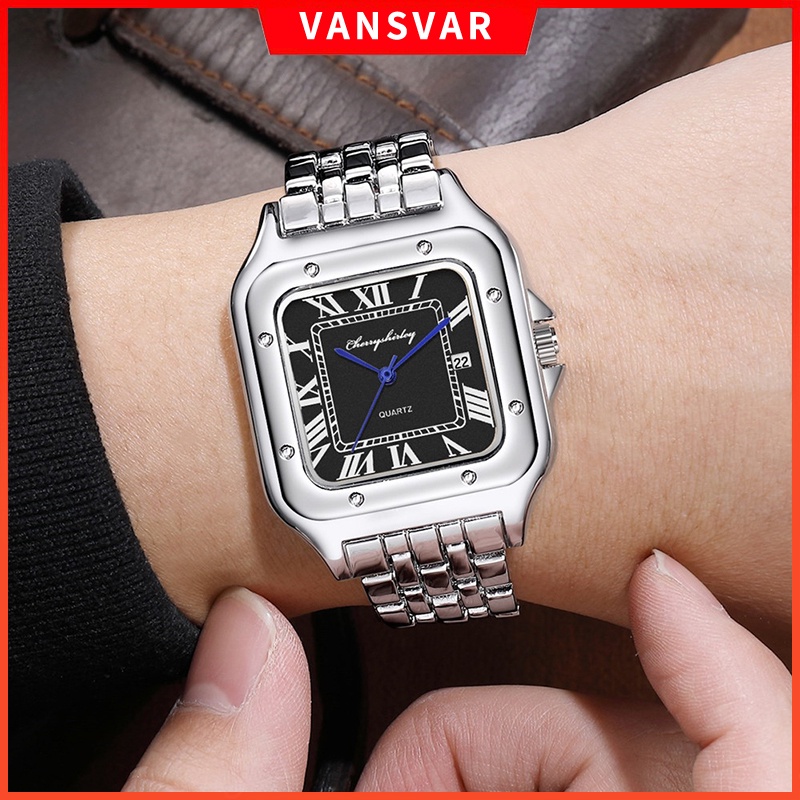 Men's Watches Fashion Square Stainless Steel Band Quartz Watch with ...