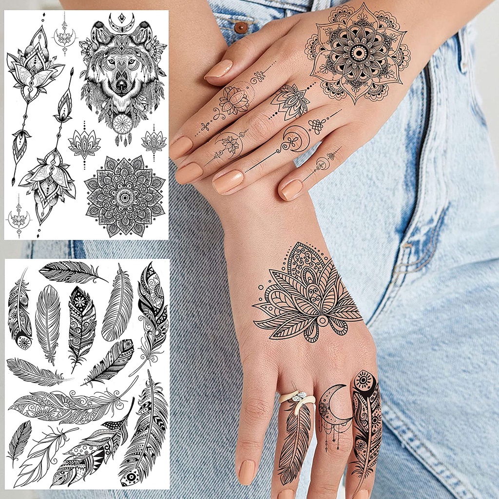 Black Henna Temporary Tattoo Stickers For Adults Women Girls Feather  Mandala Flower Body Art Arm Tattoos Lace Indian Wedding Tatoos | Shopee  Philippines