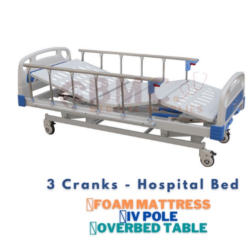 Hospital Bed Set w/ Foam Mattress, IV Pole & Over Bed Table (2 Cranks