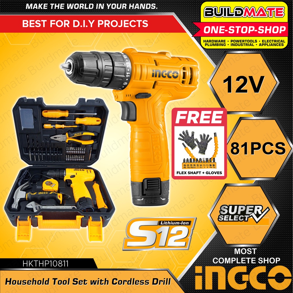 INGCO 81PCS DIY Household Tools Set with Cordless Drill 12V SUPER
