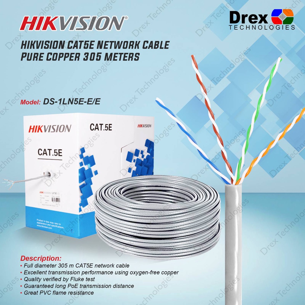 305M Hikvision DS1LN5EE/E UTP Cable Cat5e Pure Copper Indoor Gray