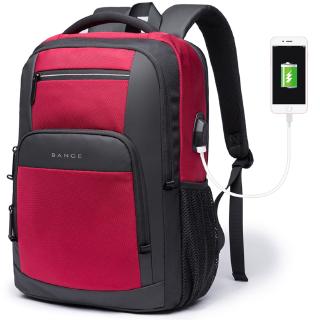 red leather laptop backpack