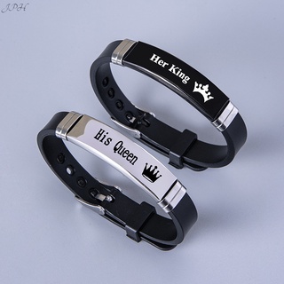 2 Pcs/Set Trendy Sport Silicone Couple Bangle Black White Crown Her King His Queen Stainless Steel Bracelet JP4