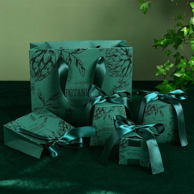 Green Gift Bag without Handle, Candy Paper Bag with Ribbon for Wedding