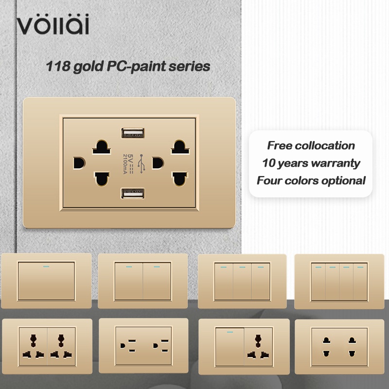Vollai Gold Wall Switch for Light 15amp Universal Wall Socket Outlet