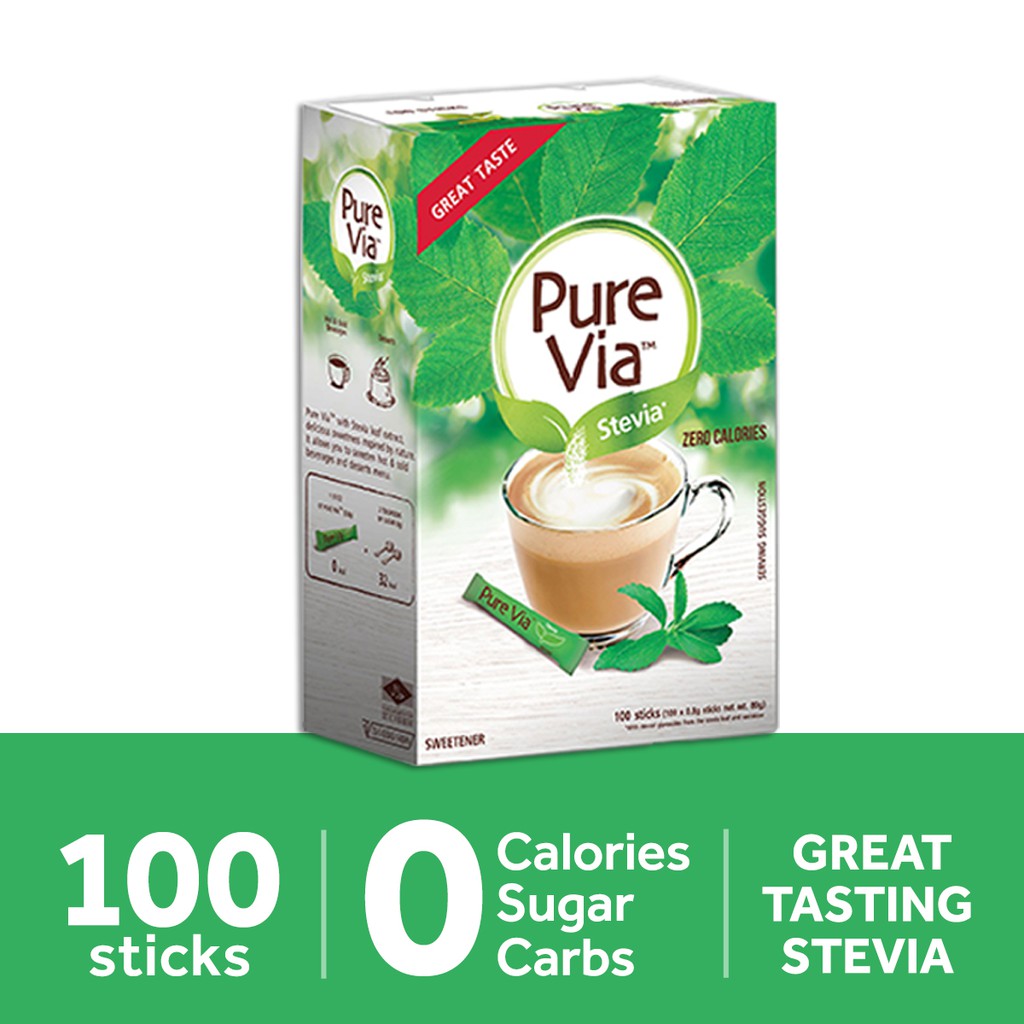 PURE VIA STEVIA 1 box x 100 sticks, Zero Calorie Sweetener Stevia Leaf
