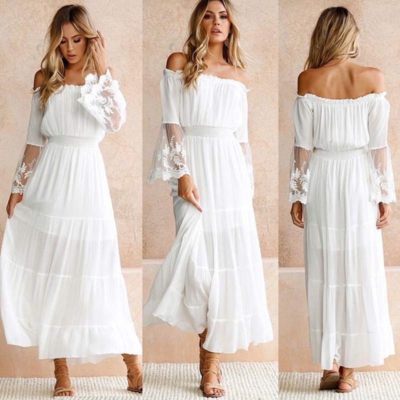 white long sleeve dress off the shoulder