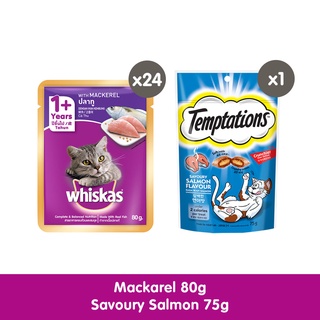WHISKAS Cat Food Wet Mackerel  80 g - 24 Pouch + TEMPTATIONS Cat treats Savoury Salmon flavour 75g