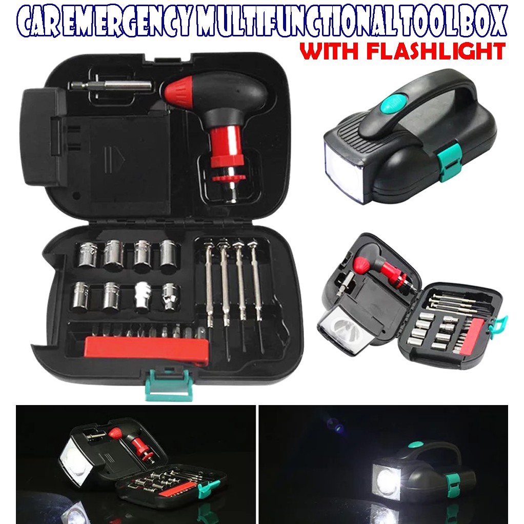 24 Pcs Car Emergency Multifunctional Tool Box With Flash light Shopee