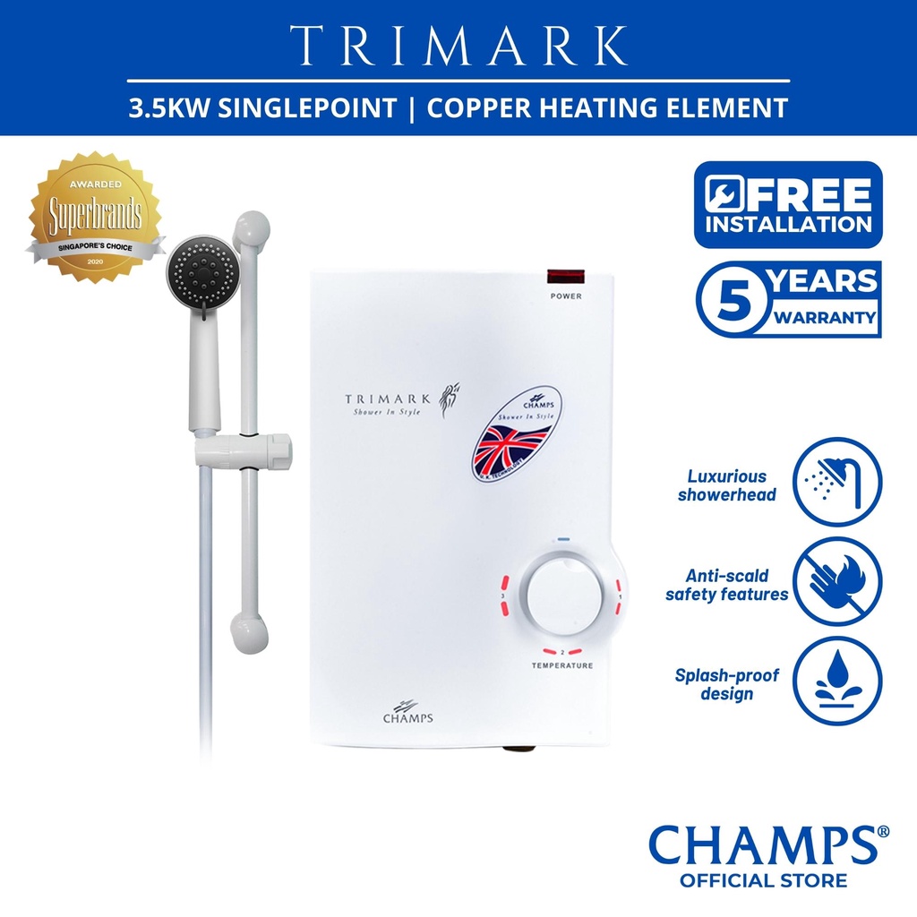 Champs Trimark 3.5 kw Singlepoint Water Heater (White)8 Shopee