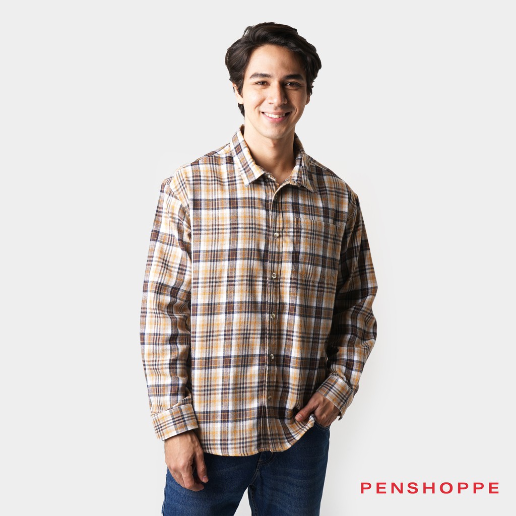 Penshoppe Plaid Shirt With Penshoppe Logo For Men (Bronze Brown ...