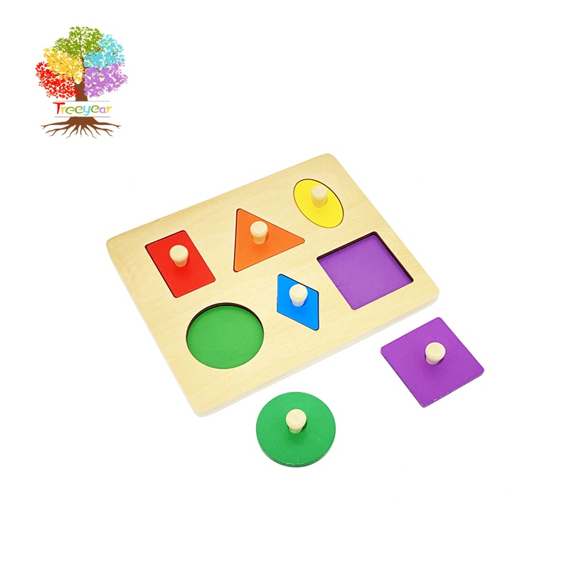 Peekaboo Knob Puzzle Montessori Toy Preschool Learning Material Sensorial Toy Wooden Geometric Shape Puzzle for Color Sorter Learning 3 Pieces 